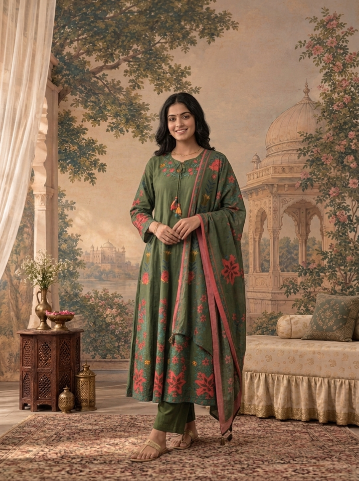 Olive Cotton Multicolor Floral Printed Three Piece Set