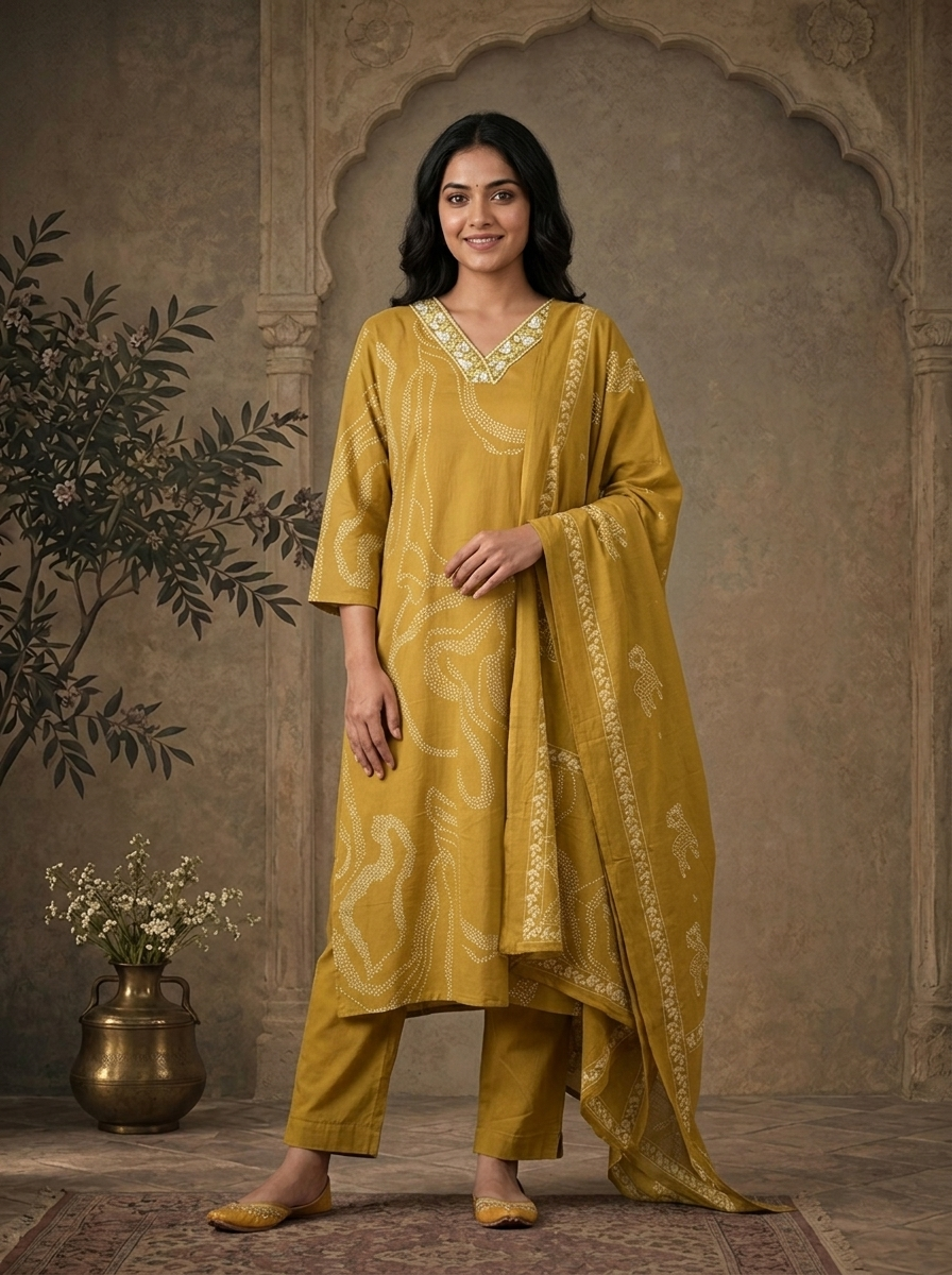 Mehadi Green Cotton Bandhani Abstract Dotted Printed Three Piece Set