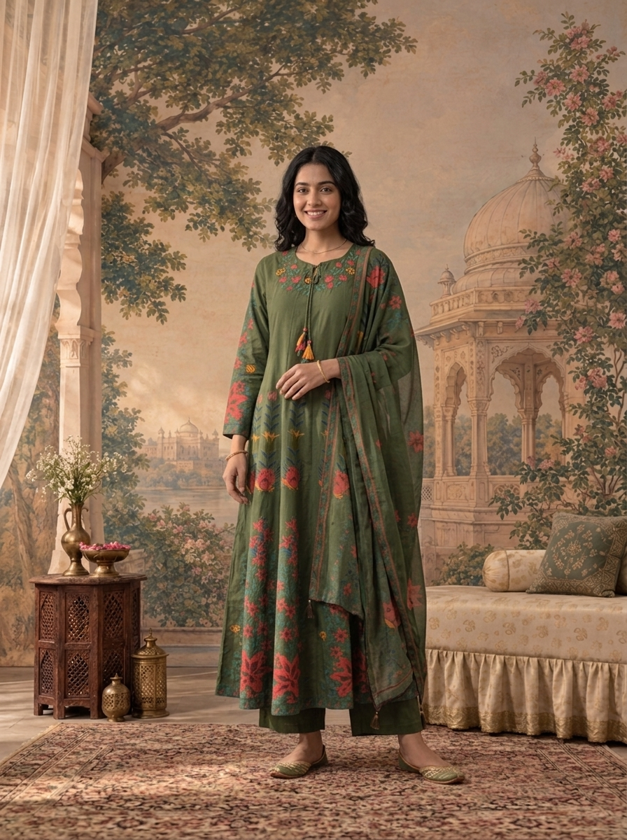 Olive Cotton Multicolor Floral Printed Three Piece Set
