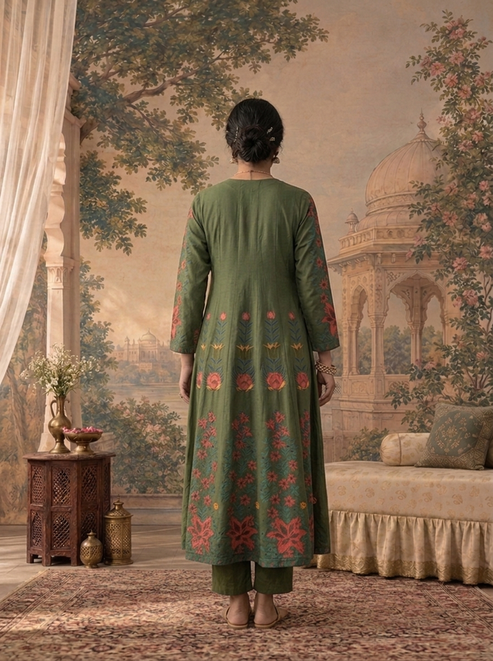 Olive Cotton Multicolor Floral Printed Three Piece Set