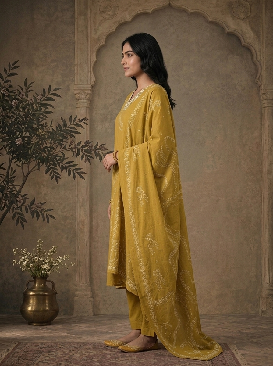 Mehadi Green Cotton Bandhani Abstract Dotted Printed Three Piece Set