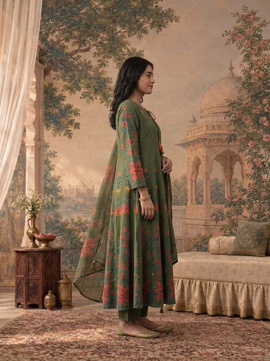 Olive Cotton Multicolor Floral Printed Three Piece Set