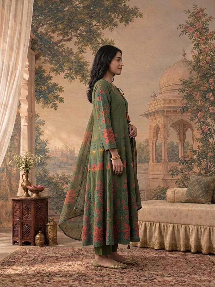 Olive Cotton Multicolor Floral Printed Three Piece Set