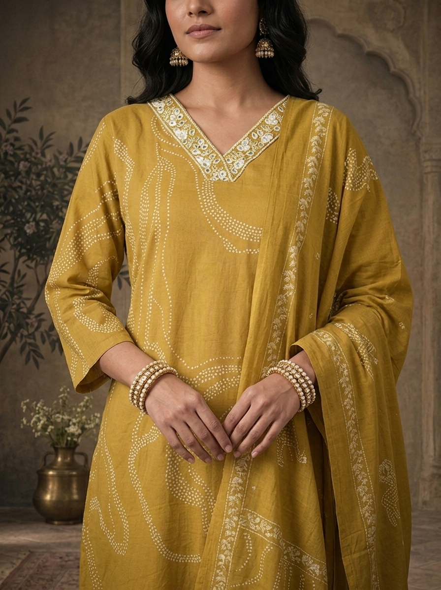 Mehadi Green Cotton Bandhani Abstract Dotted Printed Three Piece Set