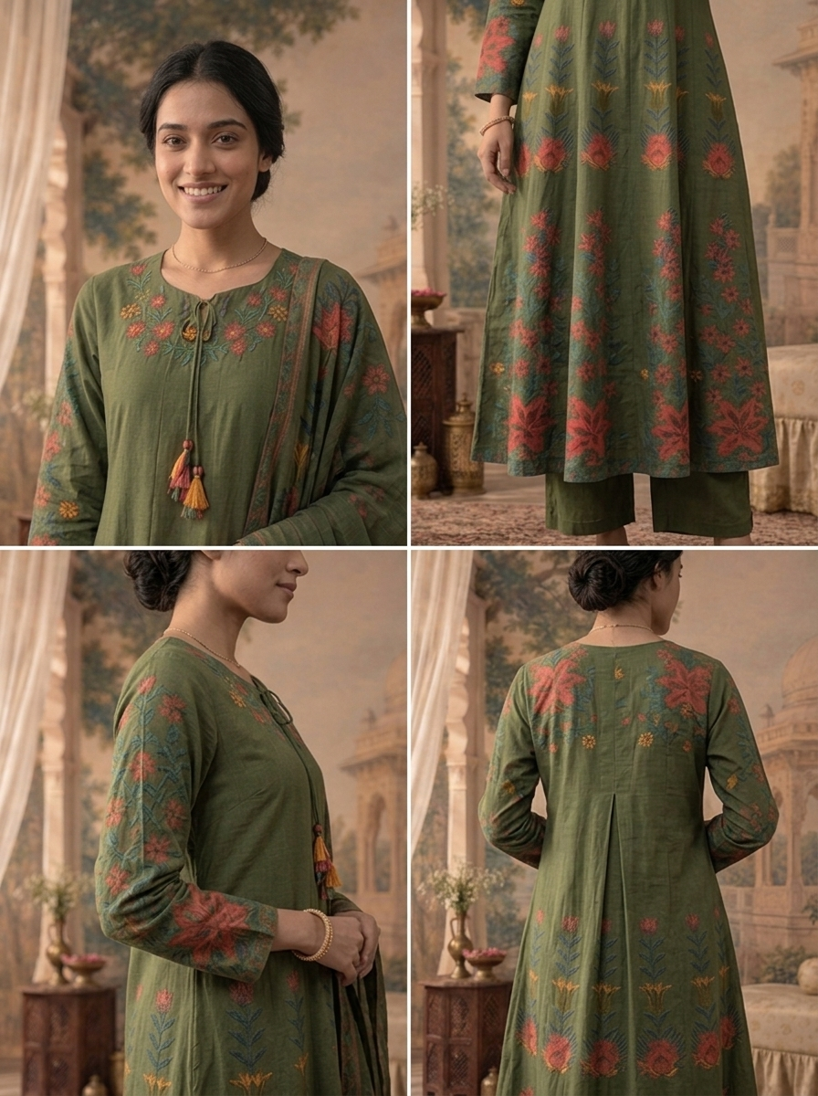 Olive Cotton Multicolor Floral Printed Three Piece Set