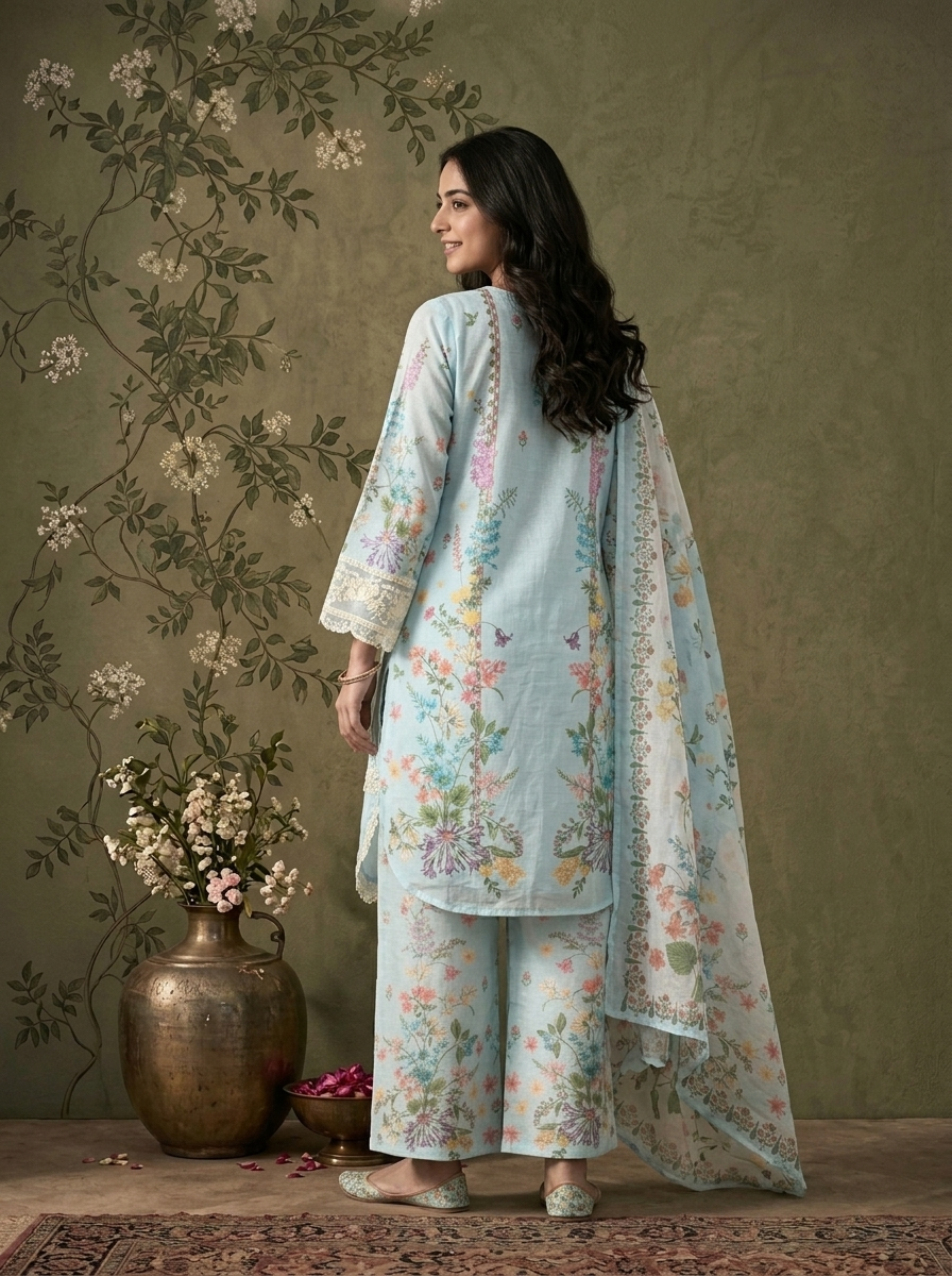 Sky Blue Linen Multicolor Floral Vine Printed Three Piece Set