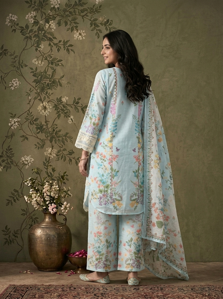 Sky Blue Linen Multicolor Floral Vine Printed Three Piece Set