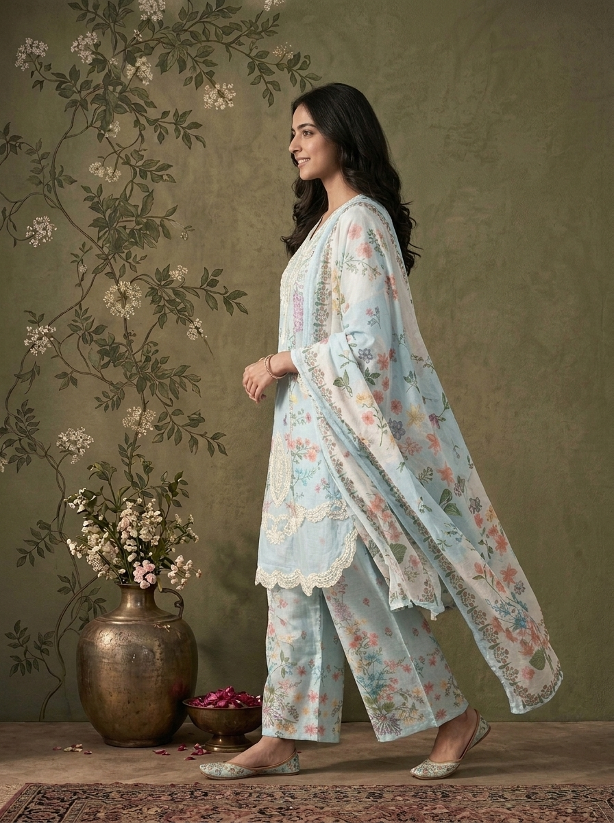 Sky Blue Linen Multicolor Floral Vine Printed Three Piece Set