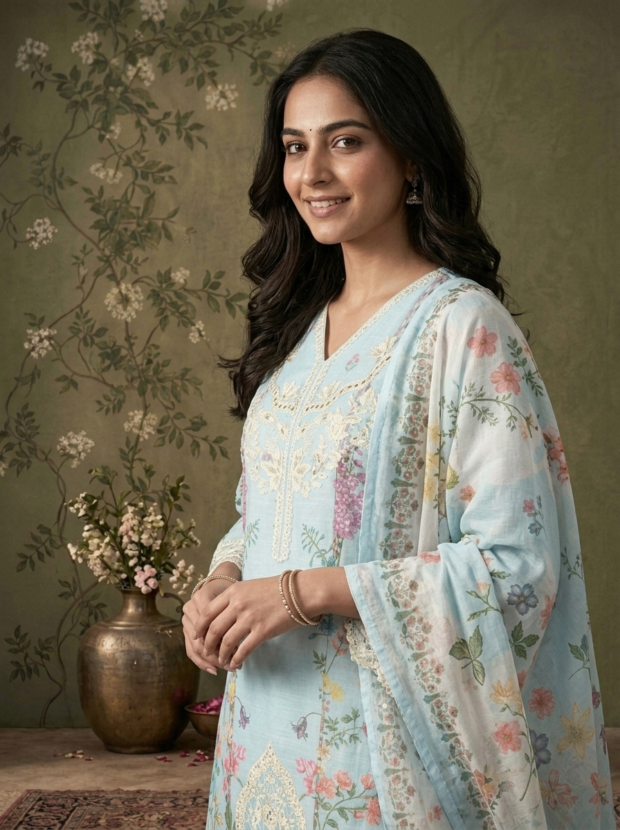 Sky Blue Linen Multicolor Floral Vine Printed Three Piece Set