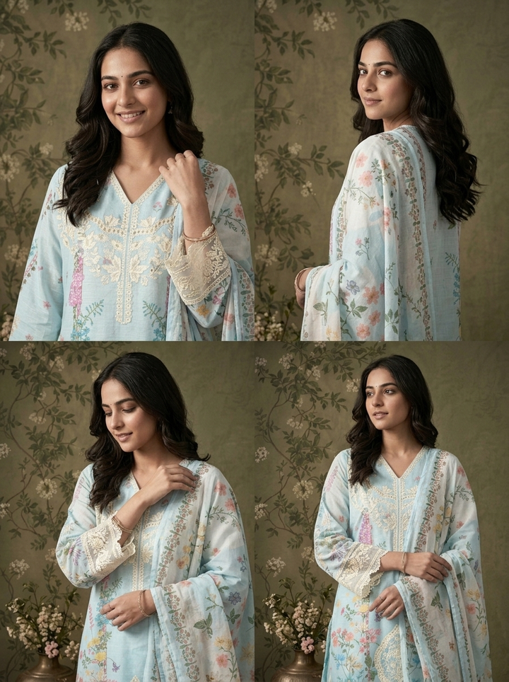 Sky Blue Linen Multicolor Floral Vine Printed Three Piece Set