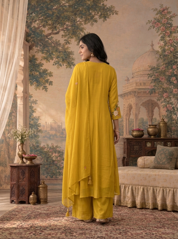 Mustard Yellow Muslin Floral Buti Embroidered Three Piece Set
