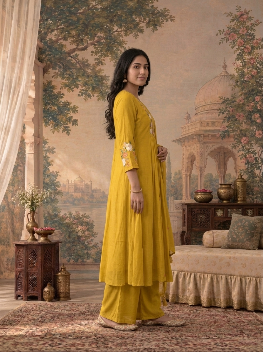 Mustard Yellow Muslin Floral Buti Embroidered Three Piece Set