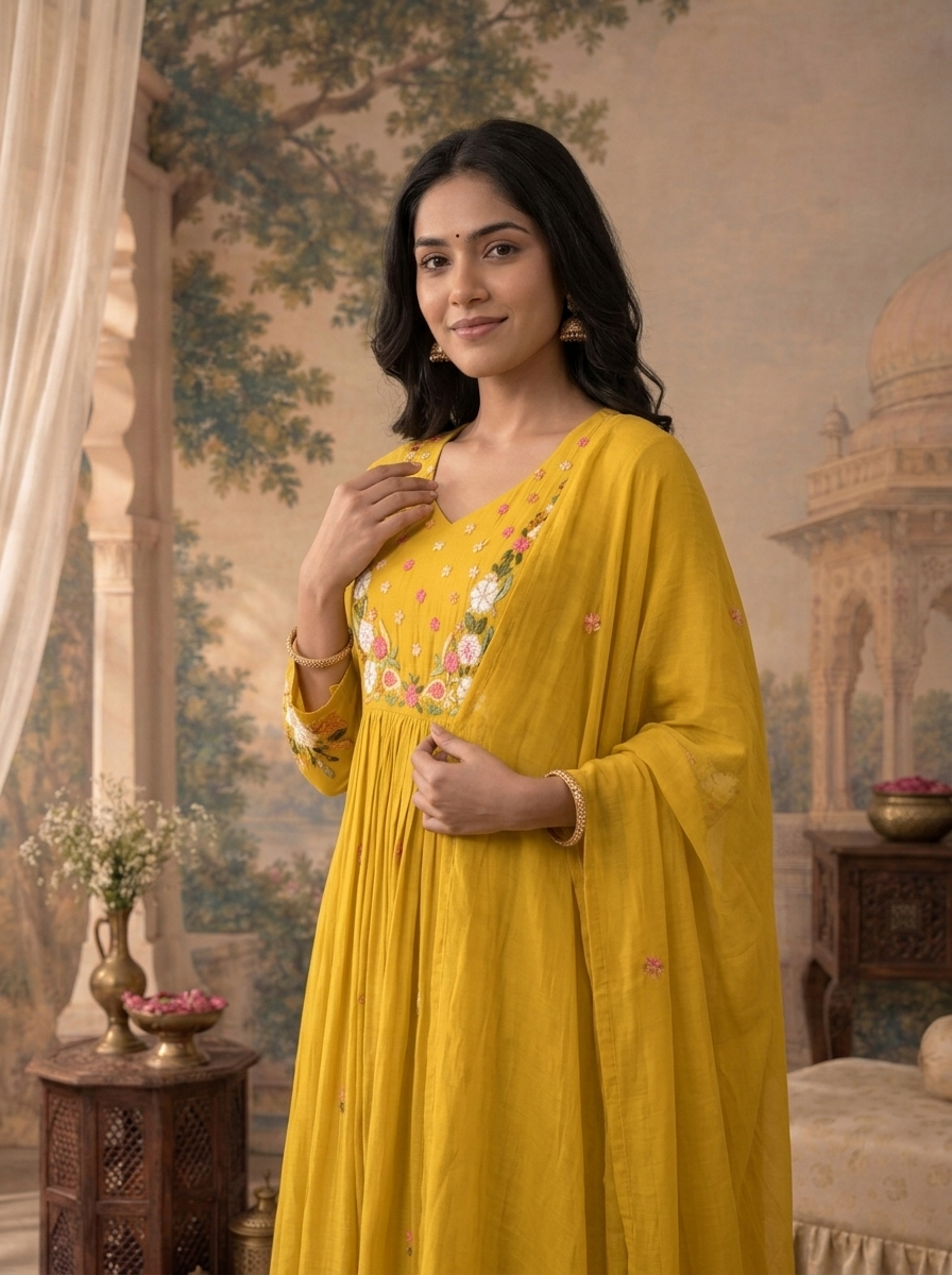 Mustard Yellow Muslin Floral Buti Embroidered Three Piece Set