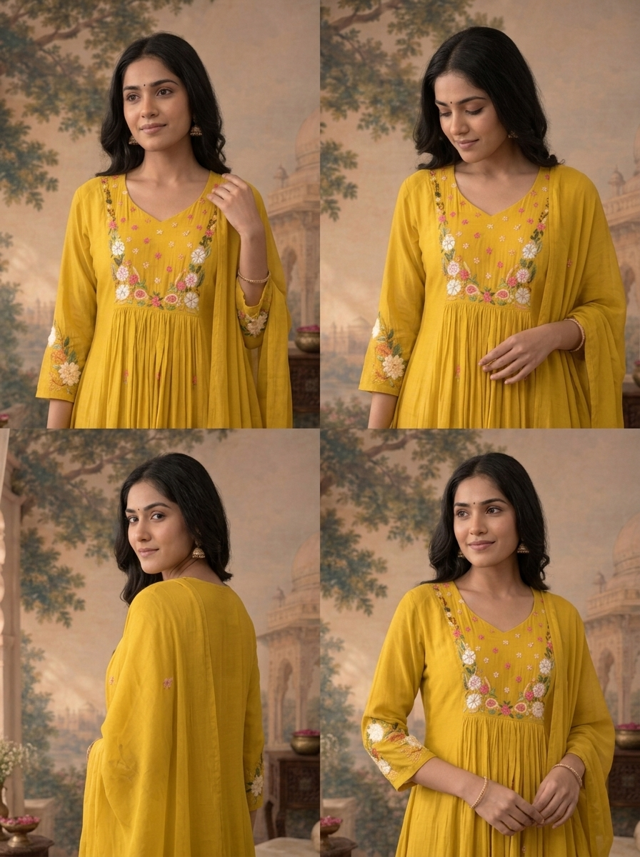 Mustard Yellow Muslin Floral Buti Embroidered Three Piece Set
