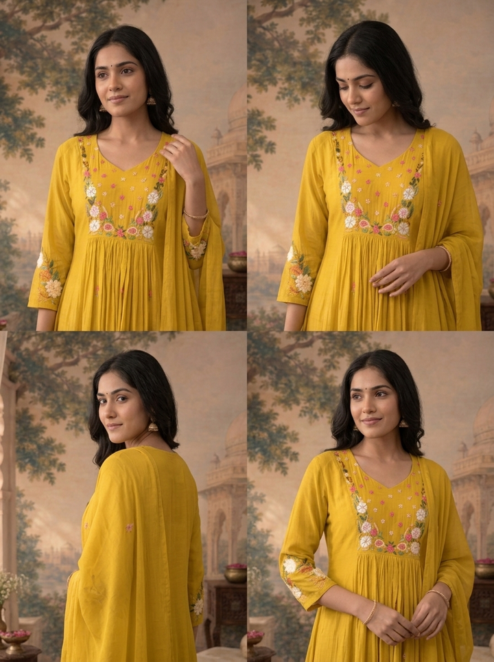 Mustard Yellow Muslin Floral Buti Embroidered Three Piece Set