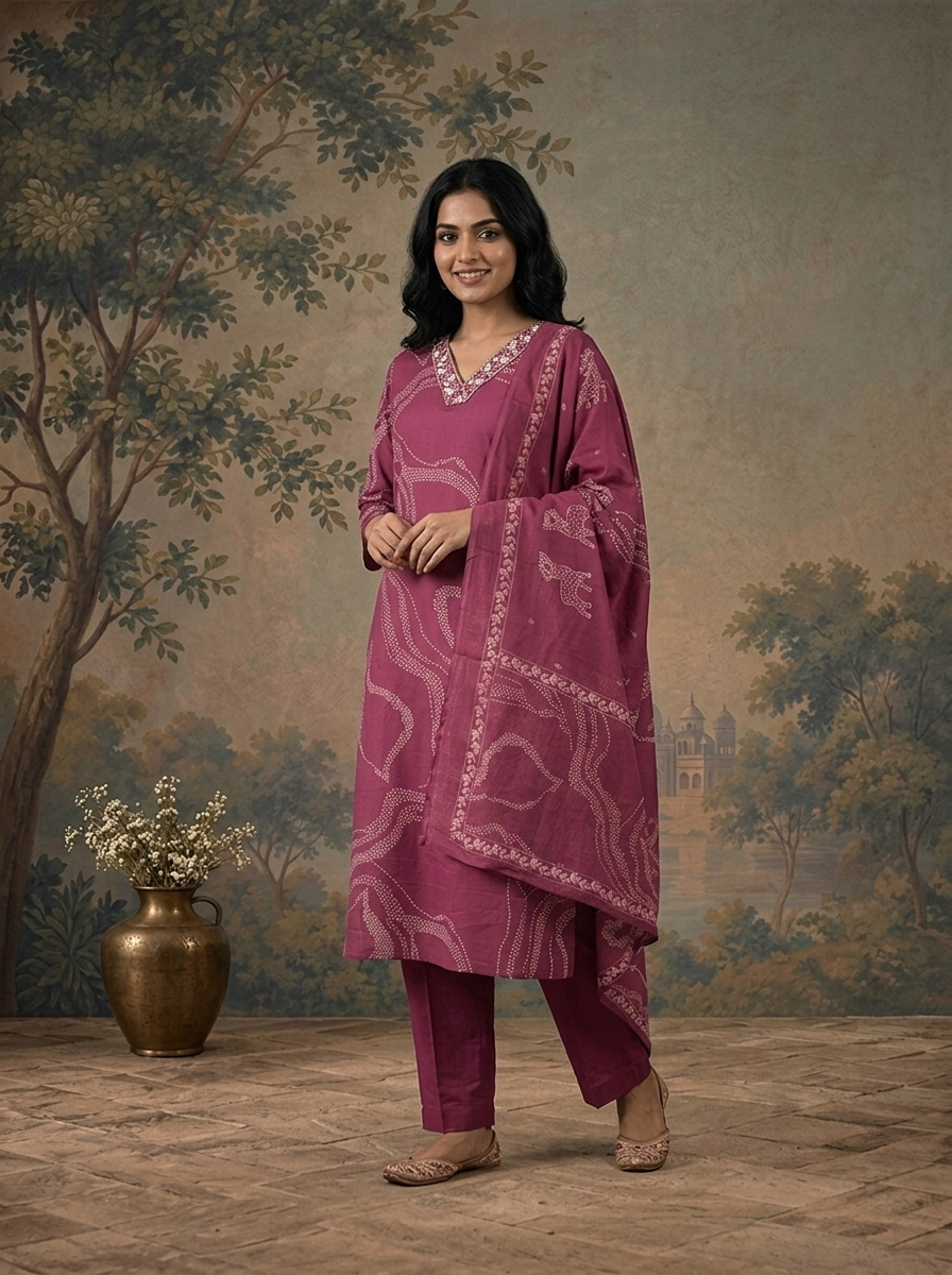 Purple Cotton Dotted Abstract Wave Printed Three Piece Set