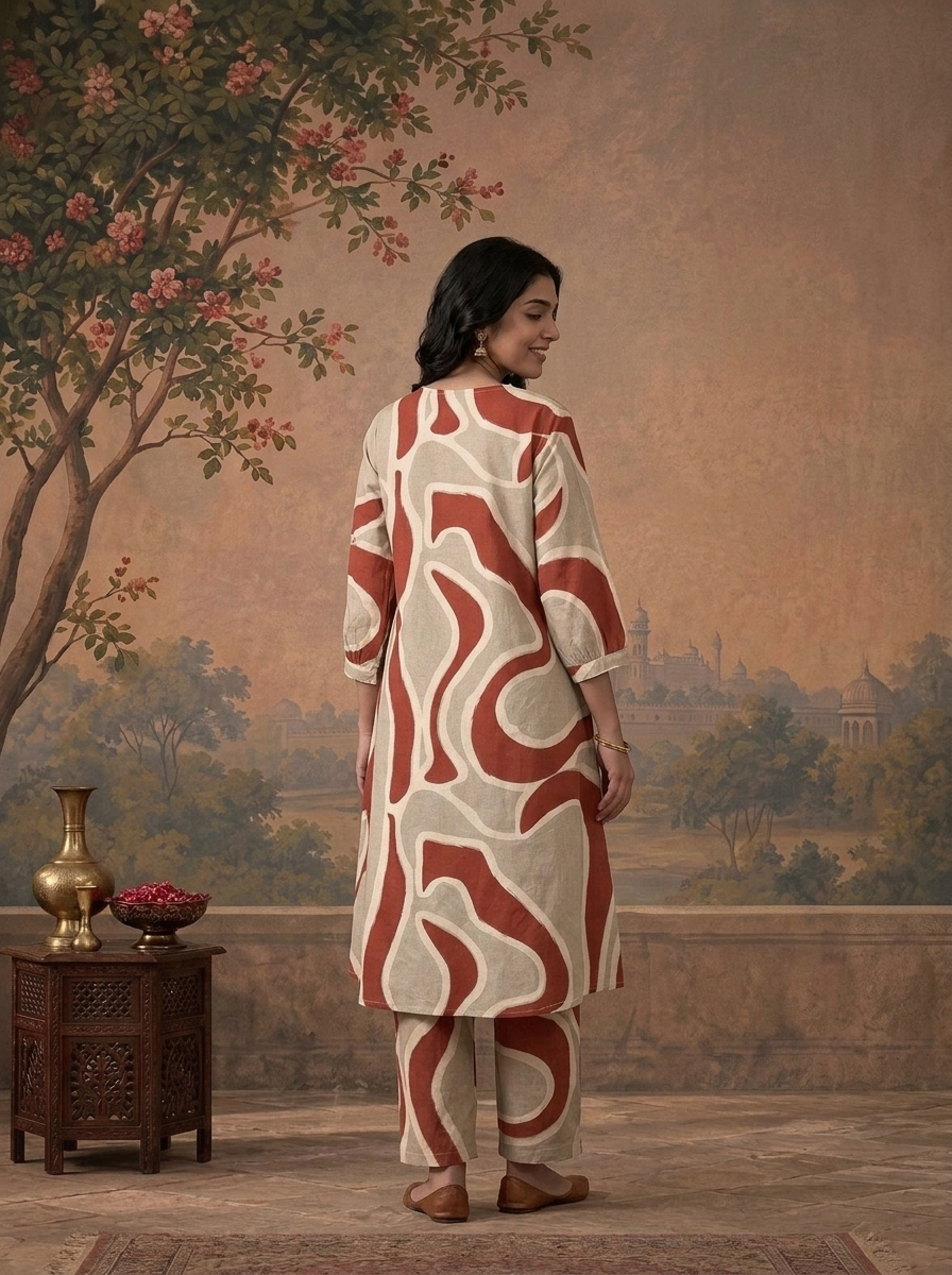 Rust Cotton Abstract Wavy Geometric Printed Two Piece Set