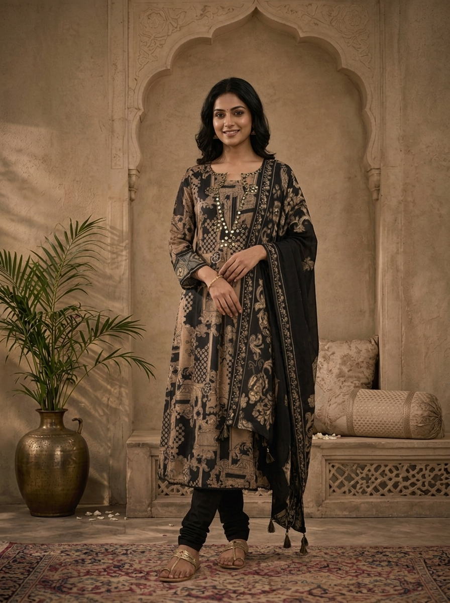 Black Muslin Large Baroque Mughal Panel Printed Three Piece Set