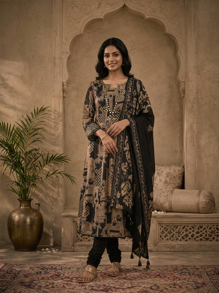 Black Muslin Large Baroque Mughal Panel Printed Three Piece Set