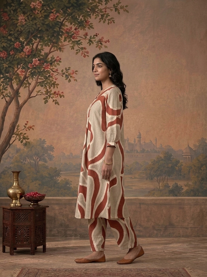 Rust Cotton Abstract Wavy Geometric Printed Two Piece Set