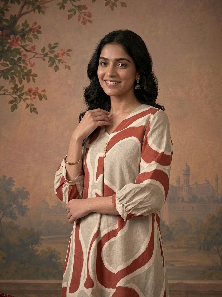 Rust Cotton Abstract Wavy Geometric Printed Two Piece Set