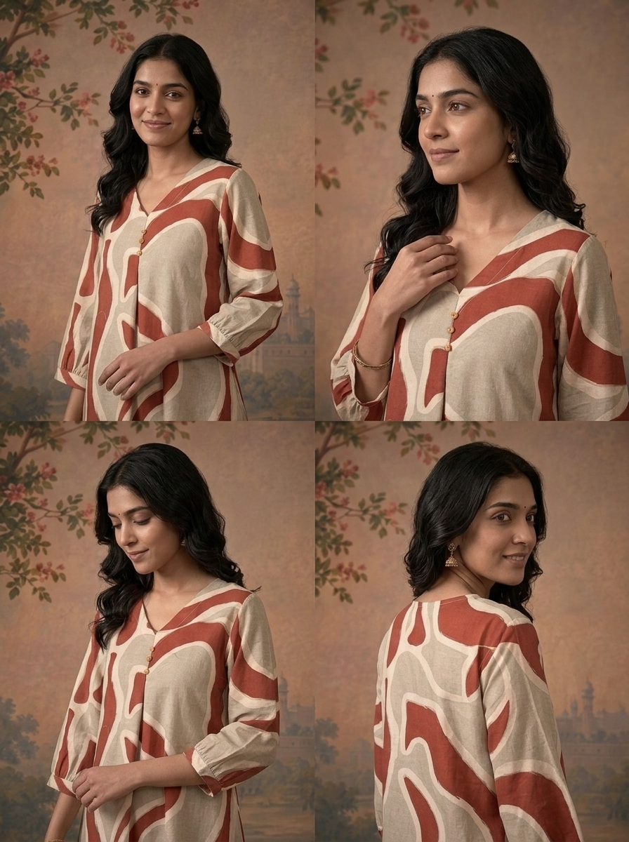 Rust Cotton Abstract Wavy Geometric Printed Two Piece Set