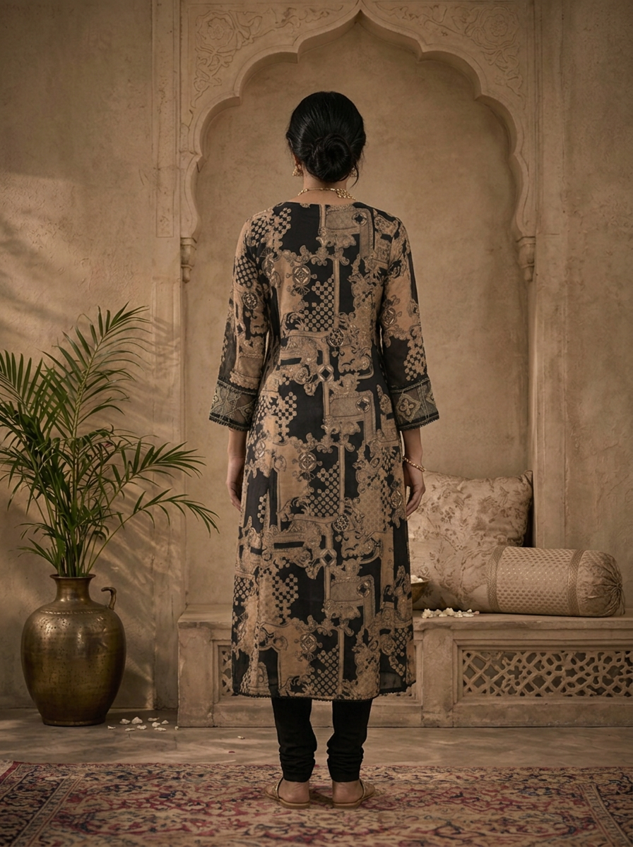 Black Muslin Large Baroque Mughal Panel Printed Three Piece Set