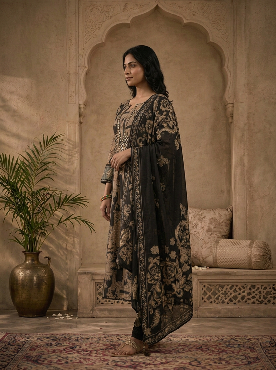 Black Muslin Large Baroque Mughal Panel Printed Three Piece Set
