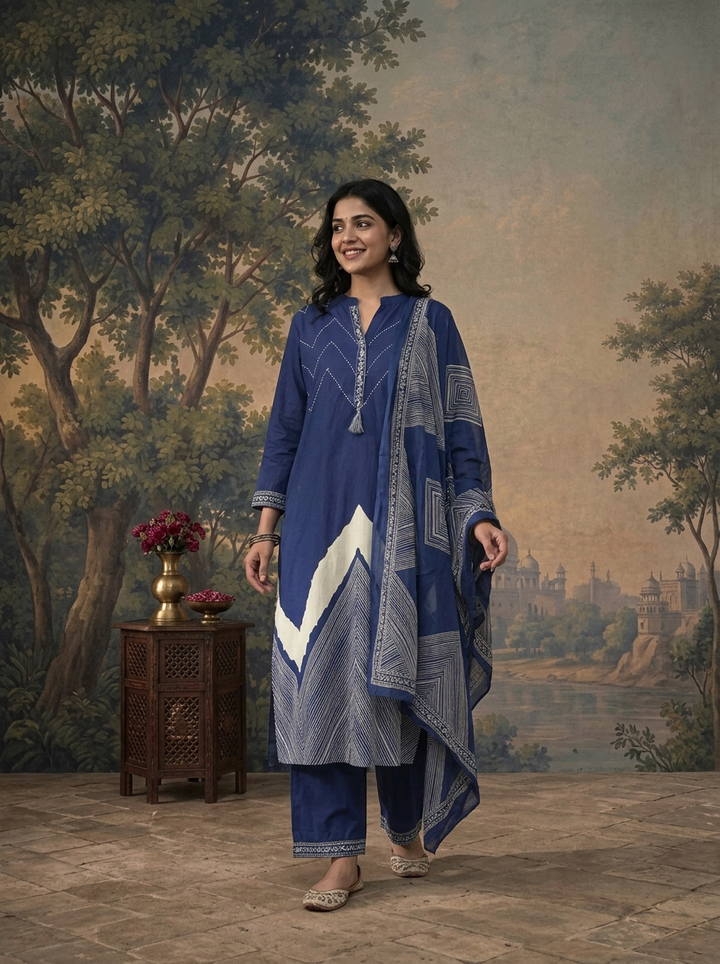 Blue Cotton Zigzag Chevron Printed Three Piece Set