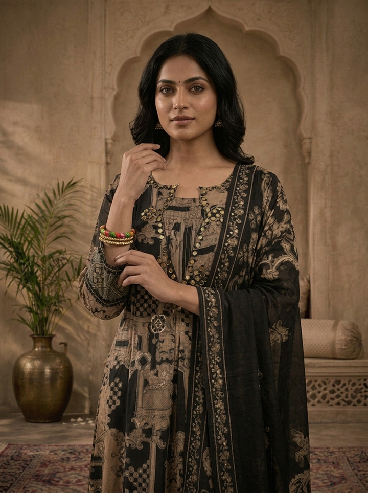 Black Muslin Large Baroque Mughal Panel Printed Three Piece Set
