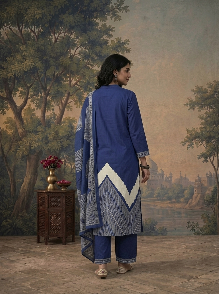 Blue Cotton Zigzag Chevron Printed Three Piece Set