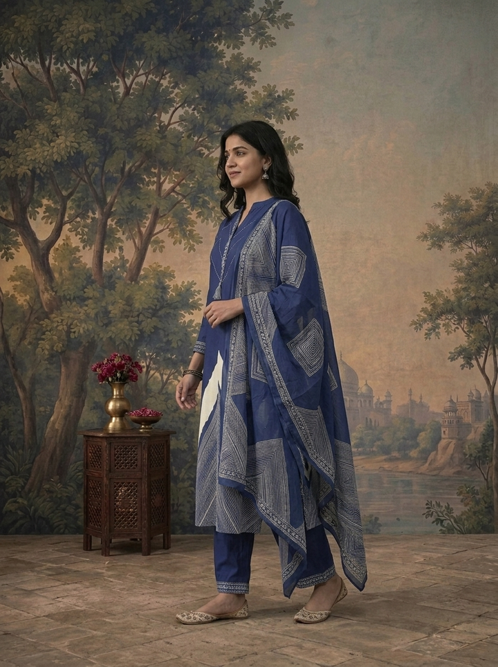 Blue Cotton Zigzag Chevron Printed Three Piece Set