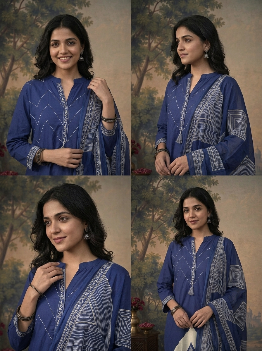 Blue Cotton Zigzag Chevron Printed Three Piece Set