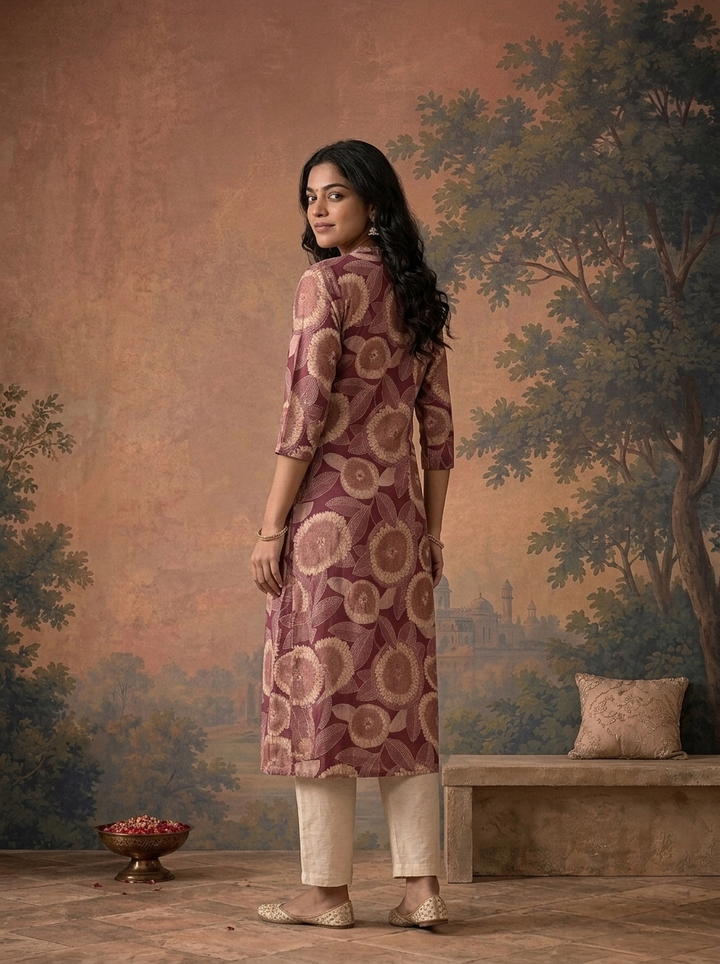 Wine Modal Floral Sunflower Printed Kurta