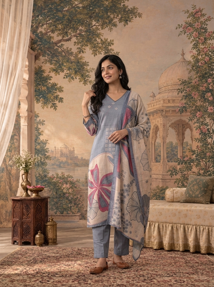 Ice Blue Linen Floral Abstract Printed Three Piece Set