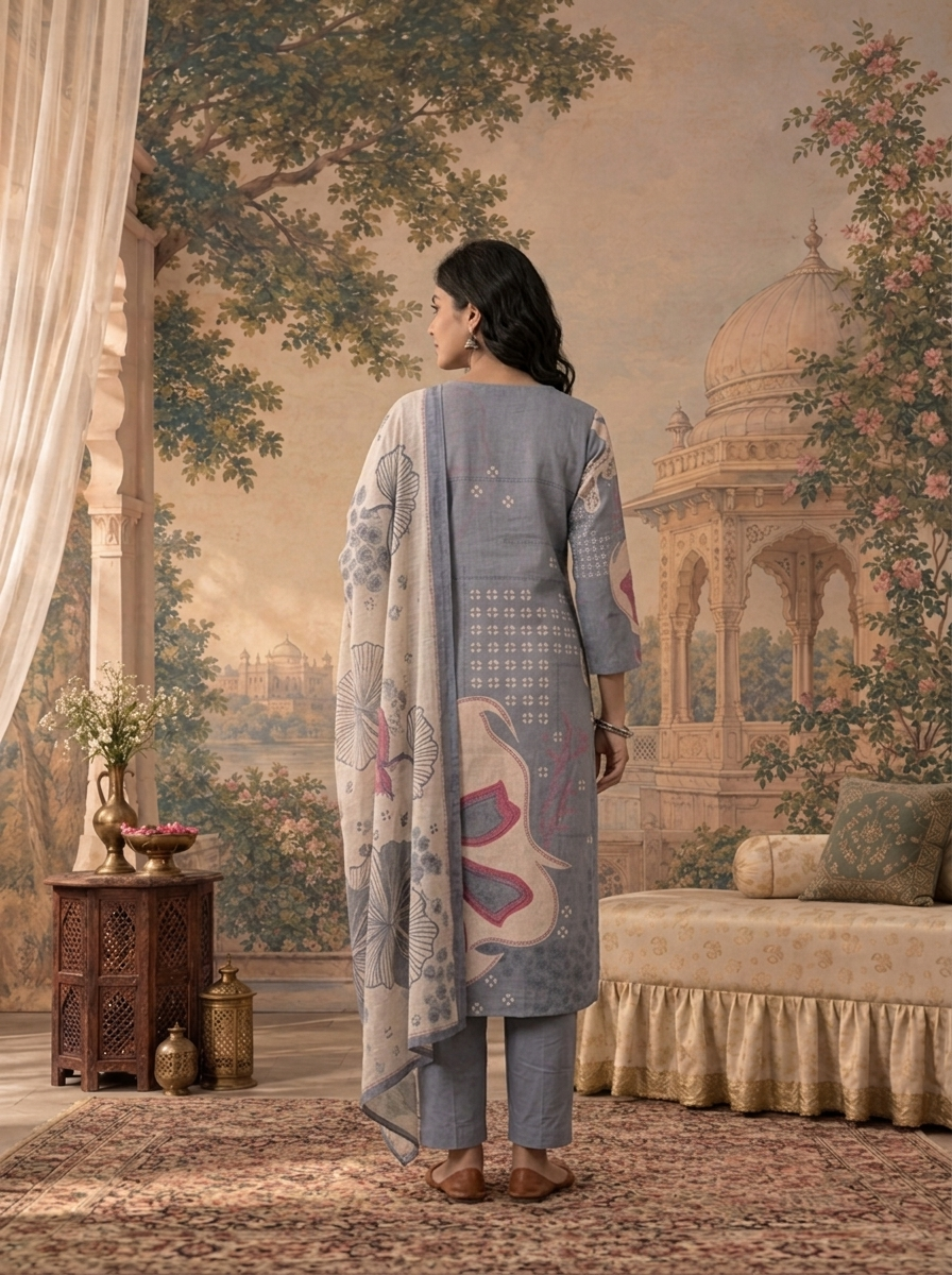 Ice Blue Linen Floral Abstract Printed Three Piece Set
