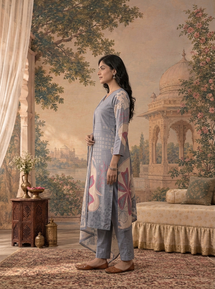 Ice Blue Linen Floral Abstract Printed Three Piece Set