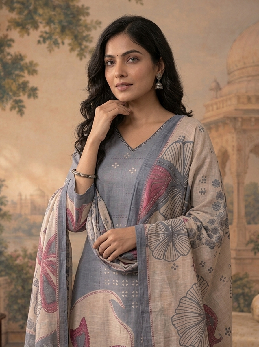 Ice Blue Linen Floral Abstract Printed Three Piece Set
