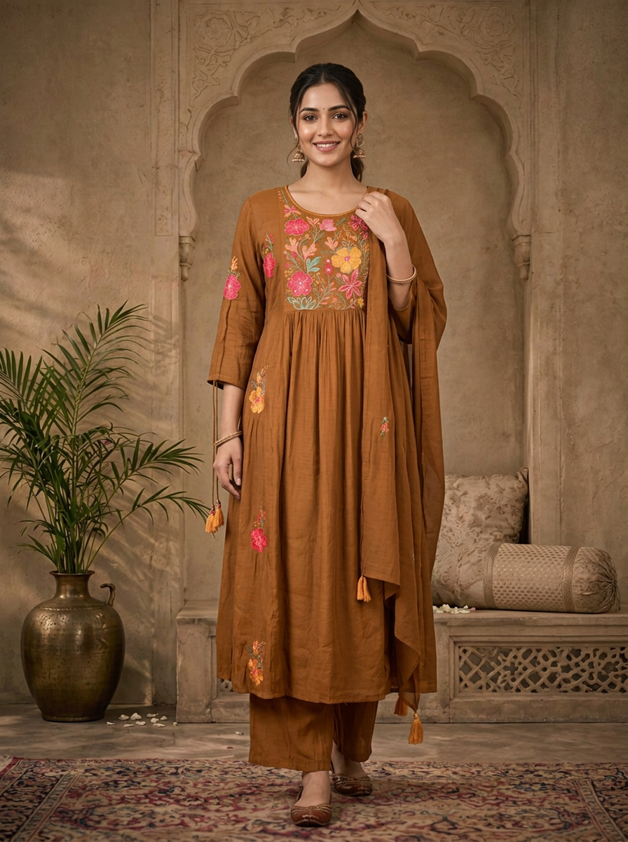 Gold Chinon Floral Thread Embroidered Three Piece Set