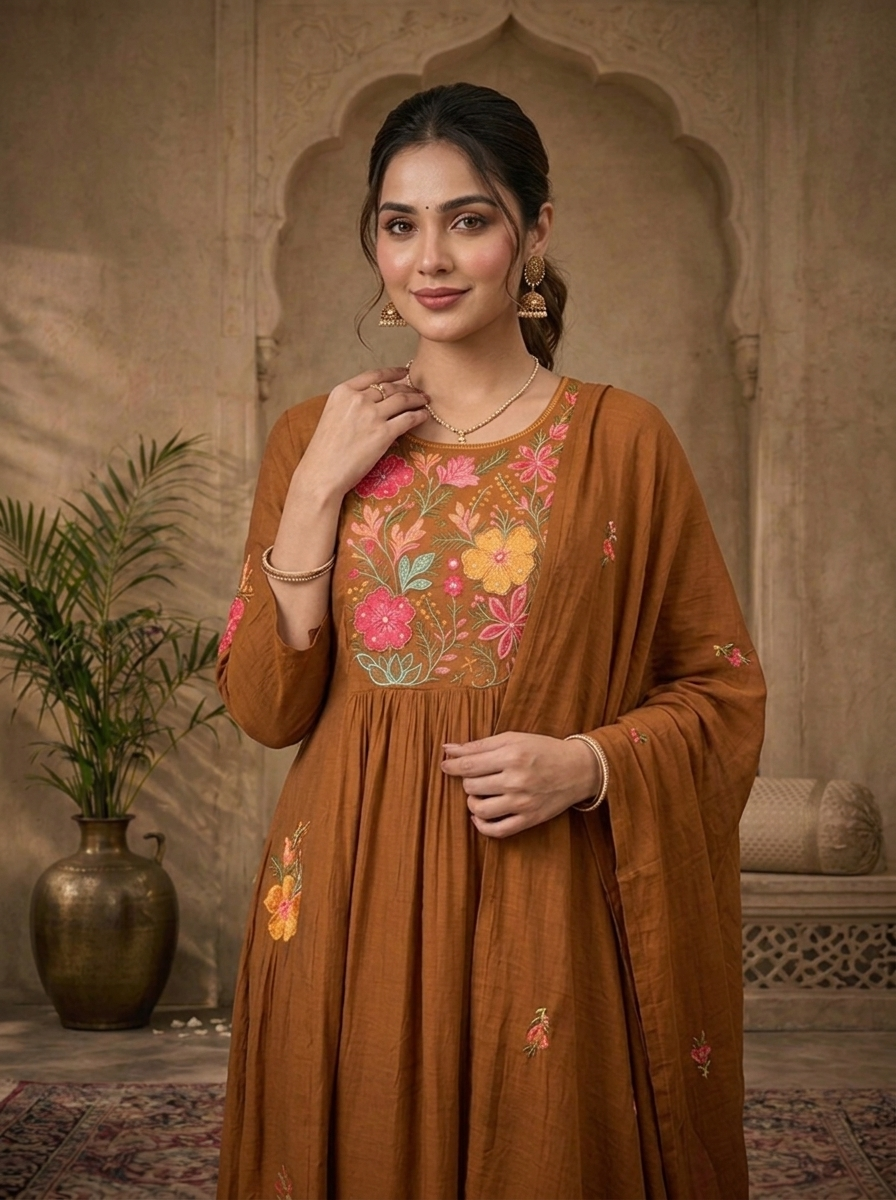 Gold Chinon Floral Thread Embroidered Three Piece Set