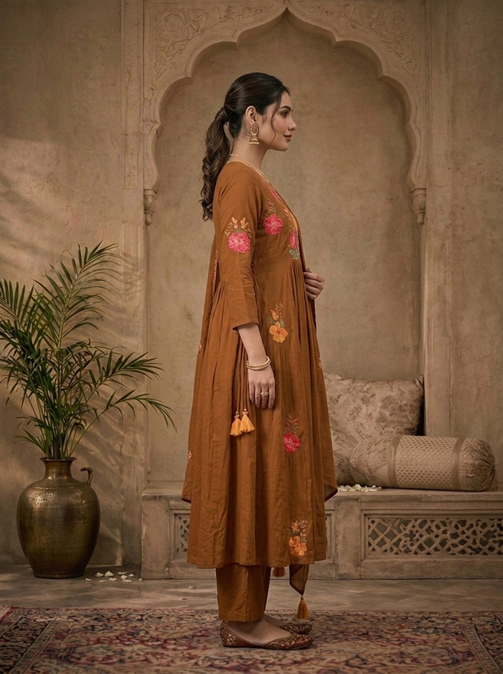 Gold Chinon Floral Thread Embroidered Three Piece Set