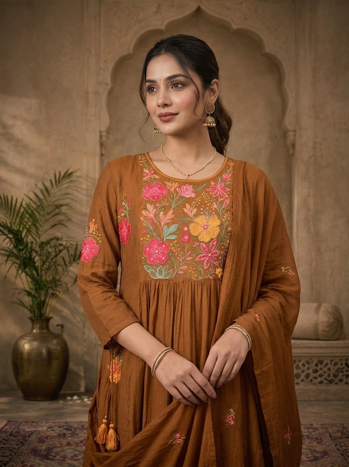 Gold Chinon Floral Thread Embroidered Three Piece Set
