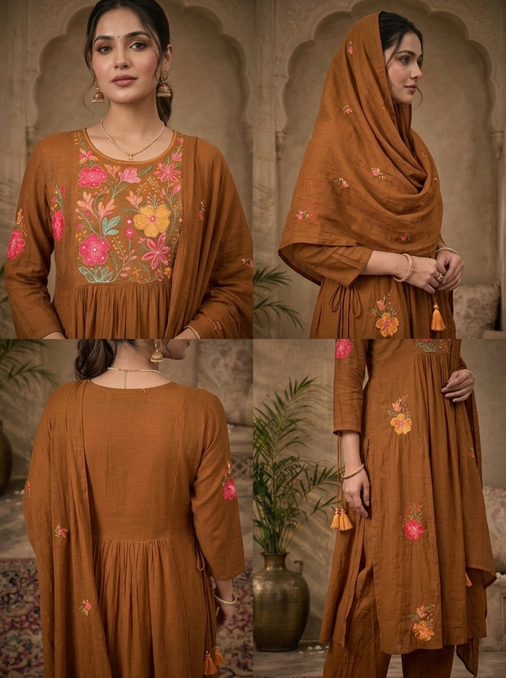 Gold Chinon Floral Thread Embroidered Three Piece Set