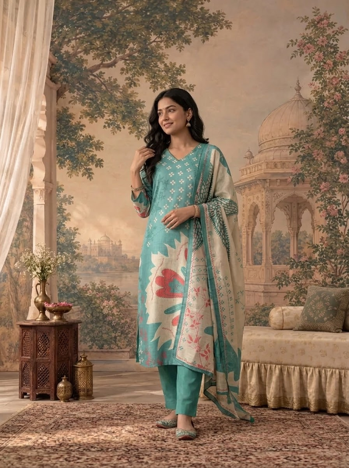 Green Linen Floral Abstract Printed Three Piece Set