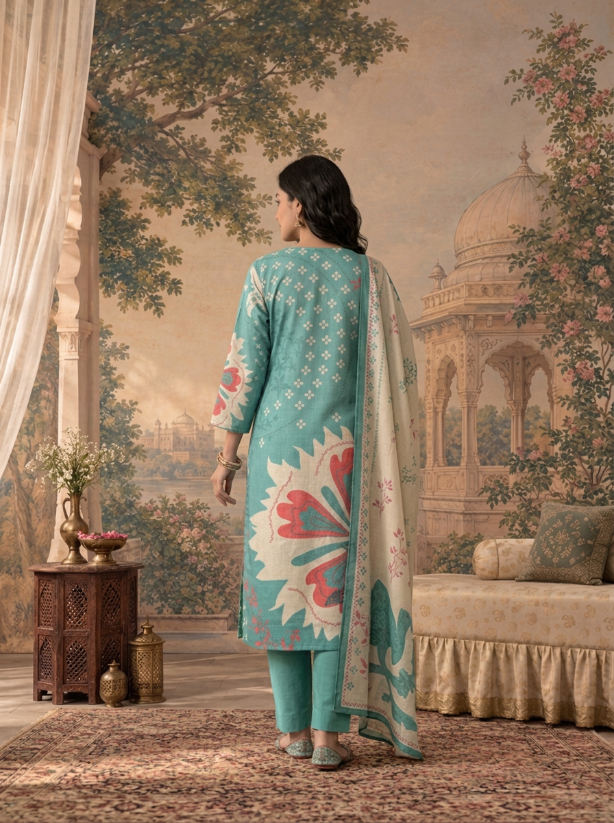 Green Linen Floral Abstract Printed Three Piece Set