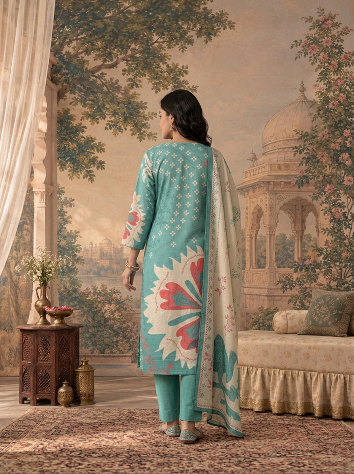 Green Linen Floral Abstract Printed Three Piece Set
