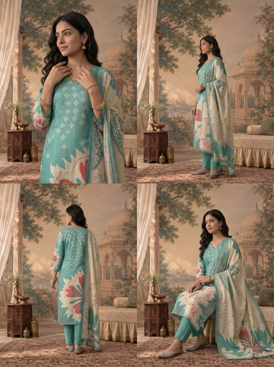 Green Linen Floral Abstract Printed Three Piece Set