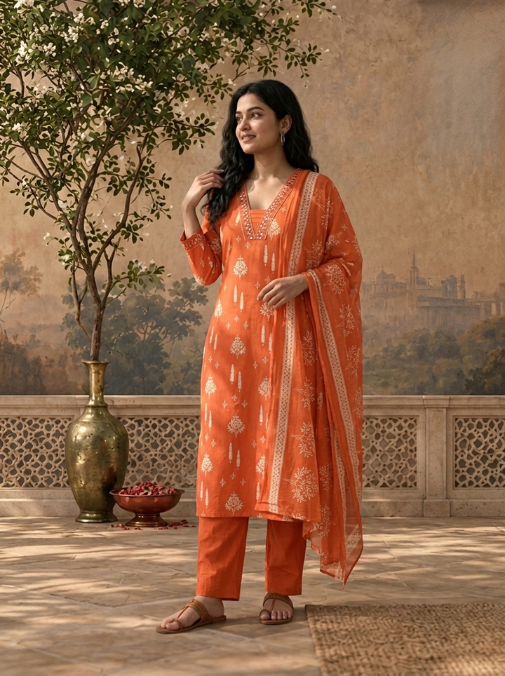 Burnt Orange Cotton Mughal Buti Printed Three Piece Set