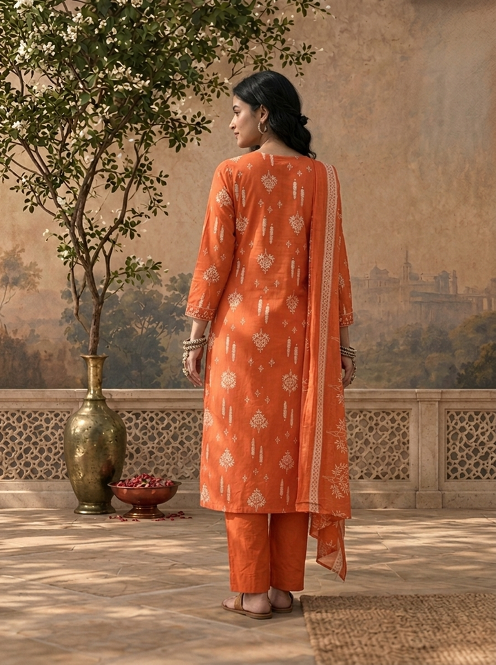 Burnt Orange Cotton Mughal Buti Printed Three Piece Set