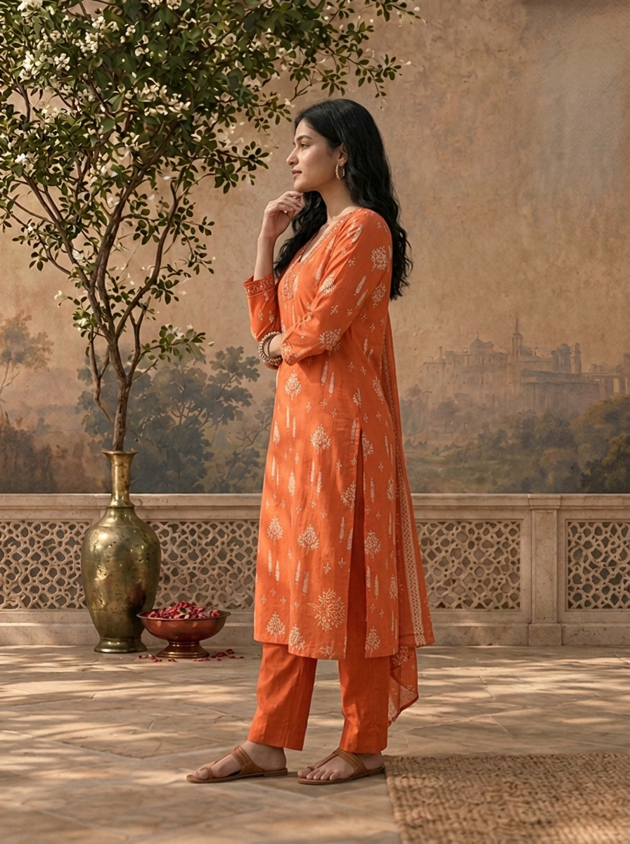 Burnt Orange Cotton Mughal Buti Printed Three Piece Set